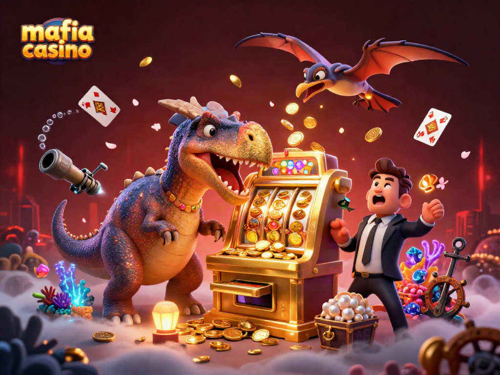 Mafia casino excitement as a pachycephalosaurus hits a jackpot while an ankylosaur panics and a pteranodon grabs coins.