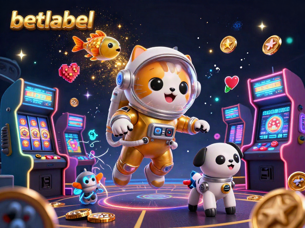 Experience exhilarating gameplay with Betlabel's vibrant casino-themed 3D illustration showcasing an astronaut cat and robot dog.