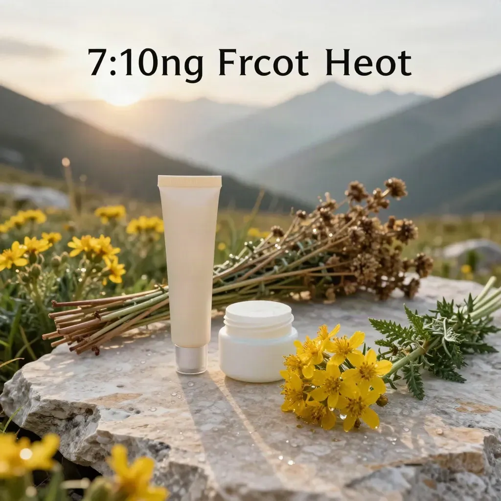 Fiori di arnica bagnati, gel avorio, crema e mazzo secco su pietra di montagna