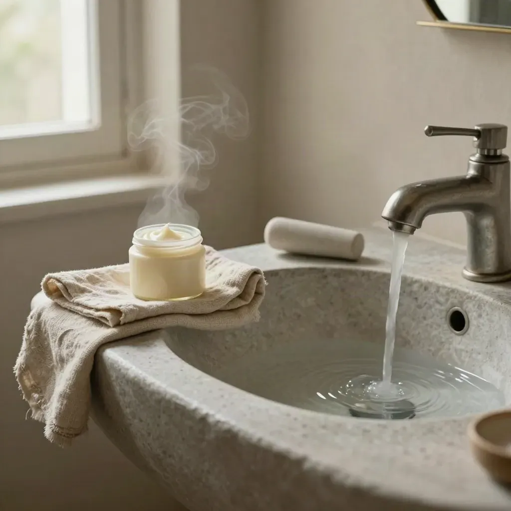 Crema all’arnica in vasetto, panno umido e pestello su lavabo in pietra, con vapore mattutino.