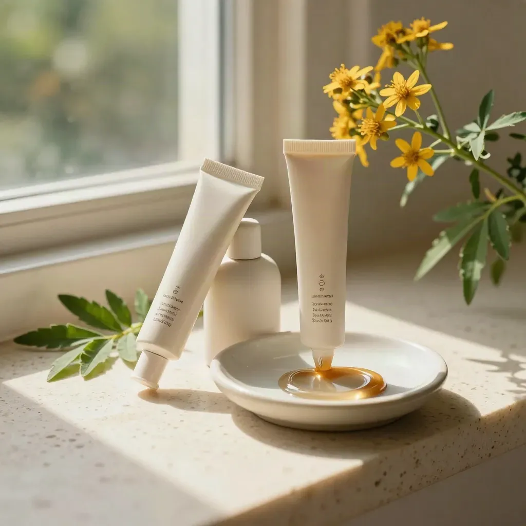 Due gel e una crema all’arnica su travertino chiaro con foglie fresche in diagonale.