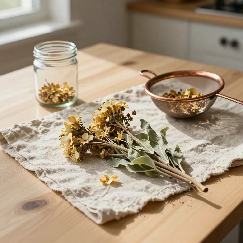 Capolini di arnica essiccati, foglie e setaccio di rame su lino grezzo in cucina.