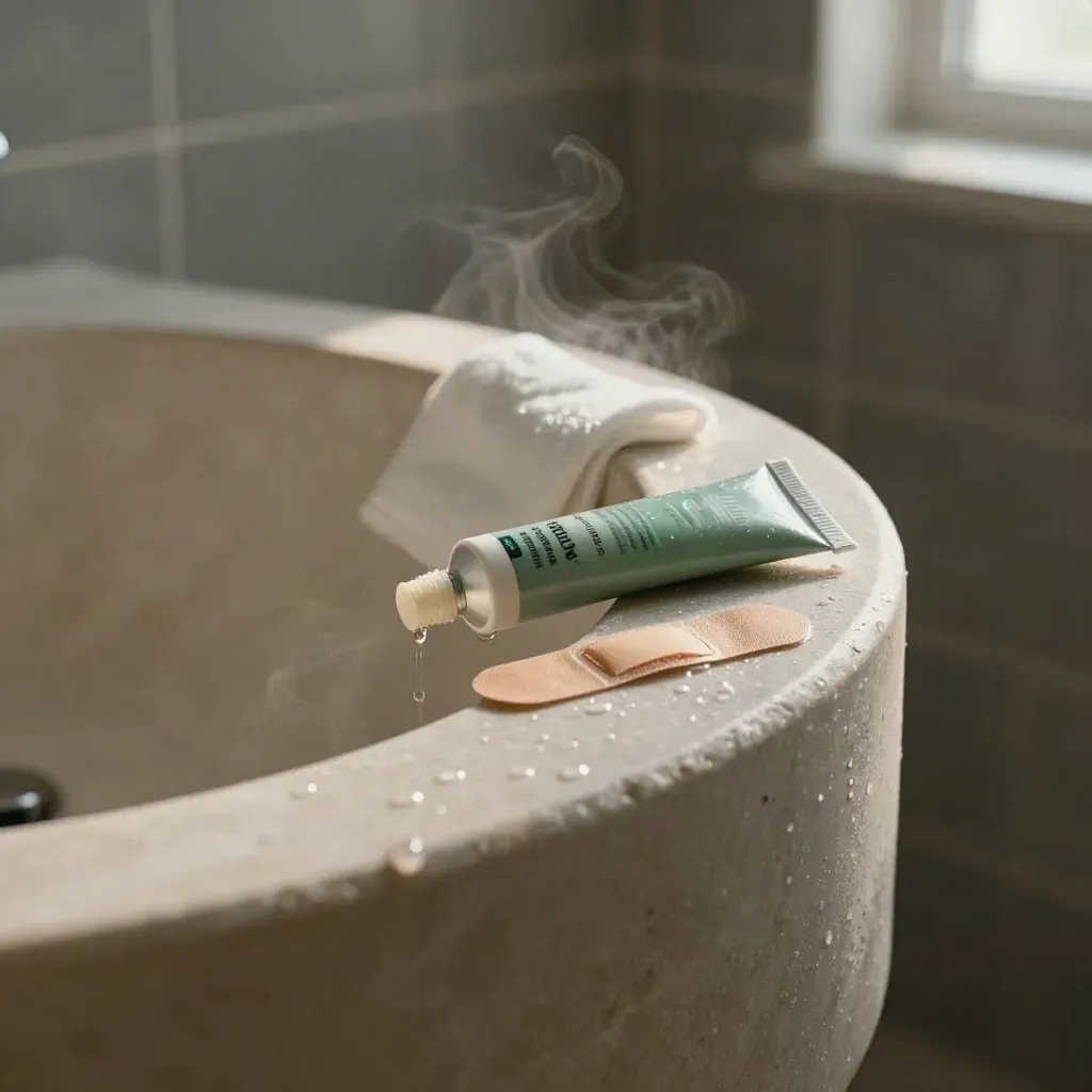 Tubetto di arnica, garza sterile e cerotto sul bordo di un lavabo in pietra, bagno silenzioso.