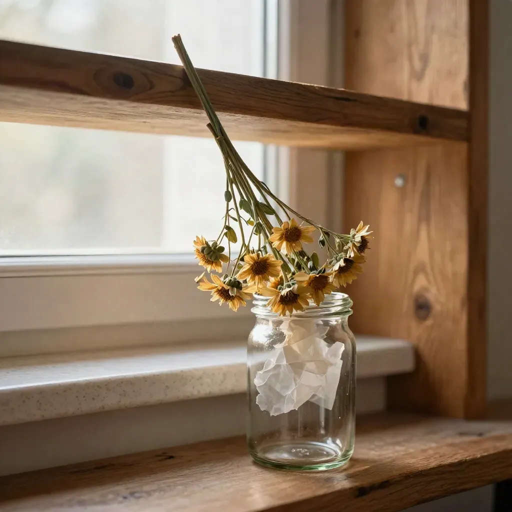 Mazzo di fiori secchi appeso vicino a una finestra, con barattolo di vetro e mensola in legno.