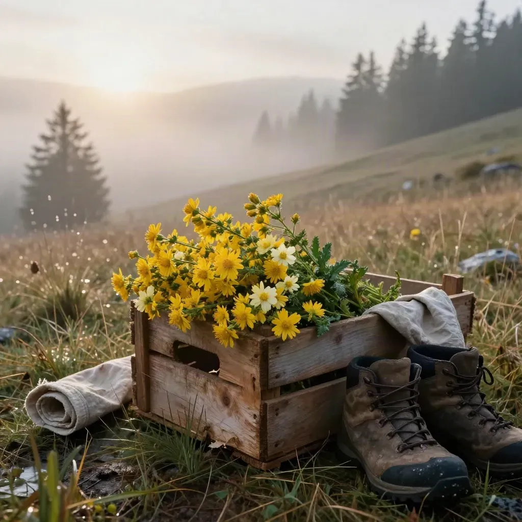 Cassetta di arnica raccolta all’alba su un prato alpino, con stivali infangati e nebbia leggera.