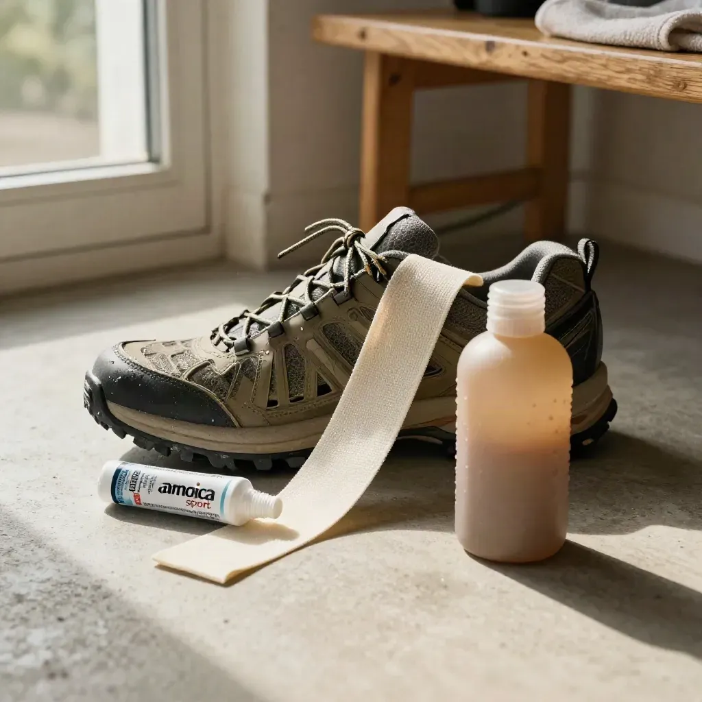 Tubetto di gel arnica, scarpa da trail, fascia elastica e borraccia dopo l’allenamento