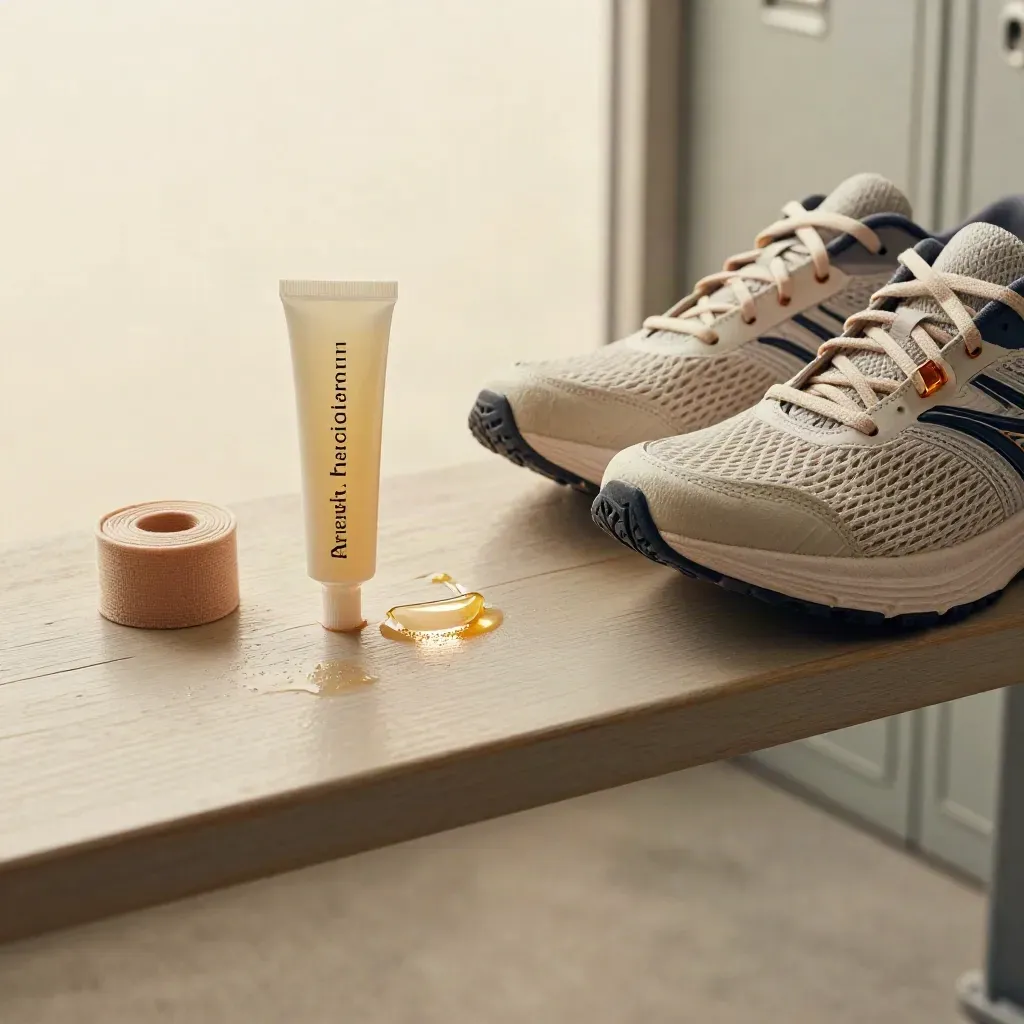 Gel di arnica, fascia elastica e scarpa da corsa su una panca, con aria calda e luce morbida.