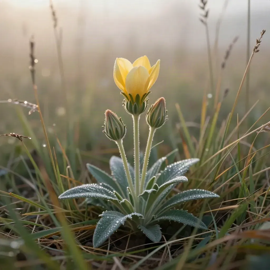 Fiore di arnica al mattino con tre boccioli e erba alta bagnata di rugiada.
