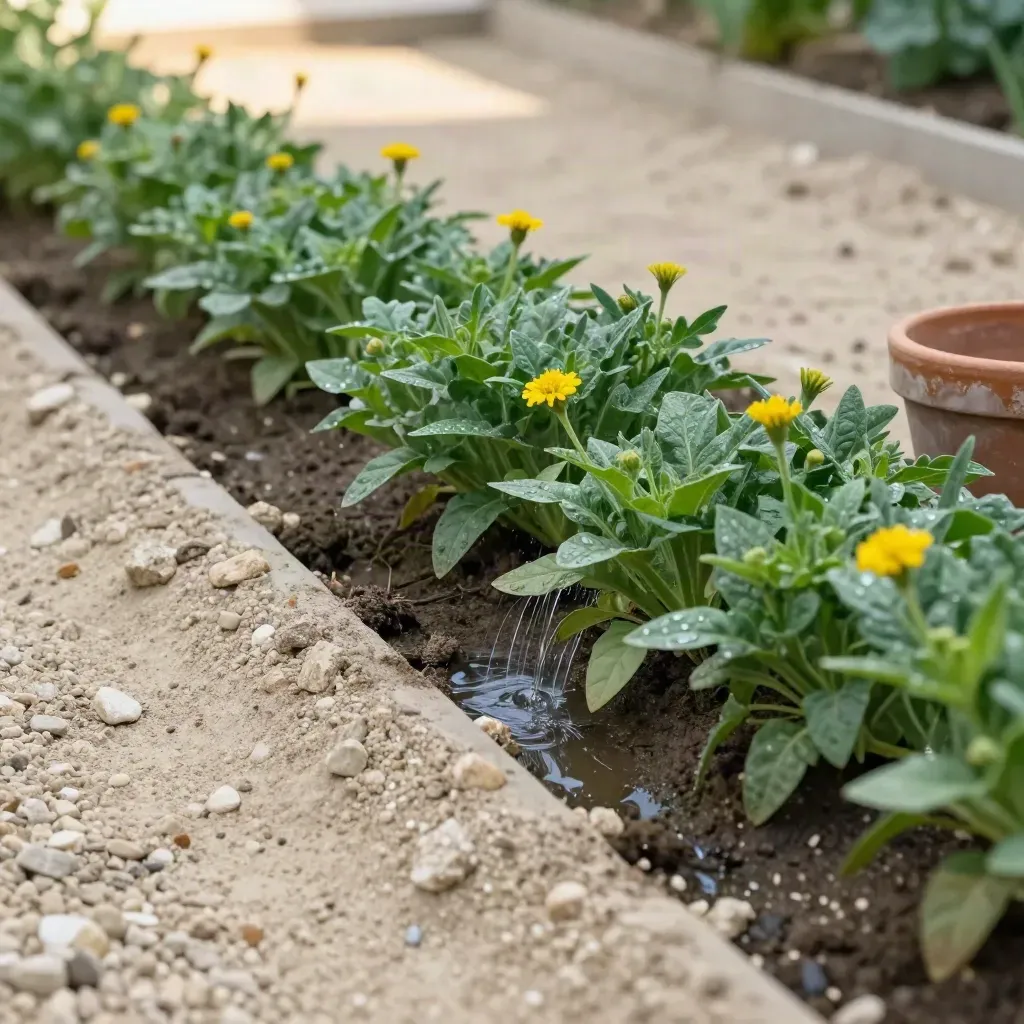 Aiuola di arnica in ghiaia umida, acqua che drena nel terreno e vaso di terracotta.