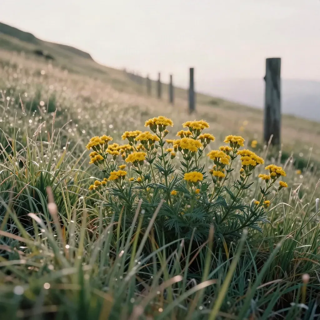 Margine di prato alpino con arnica al vento e pali di legno sul fondo