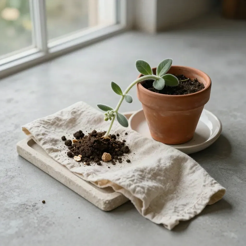 Piantina di arnica in vaso di terracotta su vassoio di pietra con lino e suolo minerale