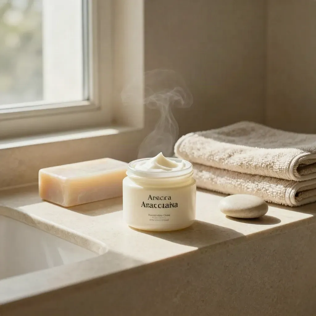 Crema all’arnica con sapone, salvietta e pietra su ripiano di pietra