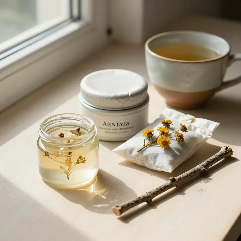 Gel, crema e tisana all’arnica con tazza in gres su legno chiaro