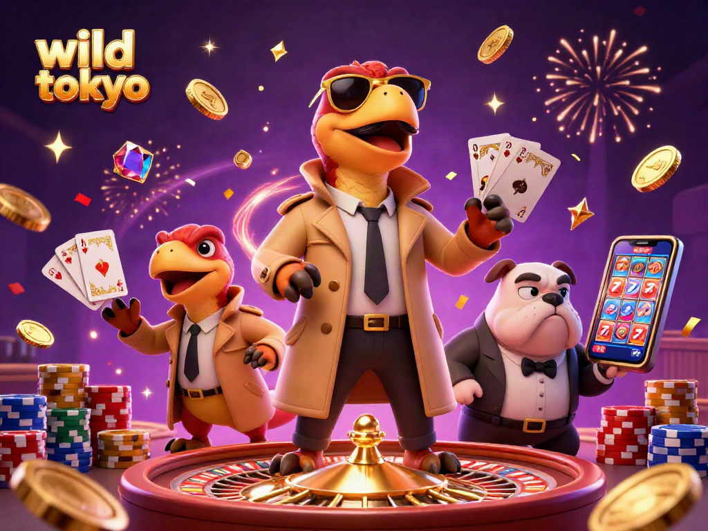 Experience the excitement of wild tokyo with animated raptors entering a VIP casino lounge.